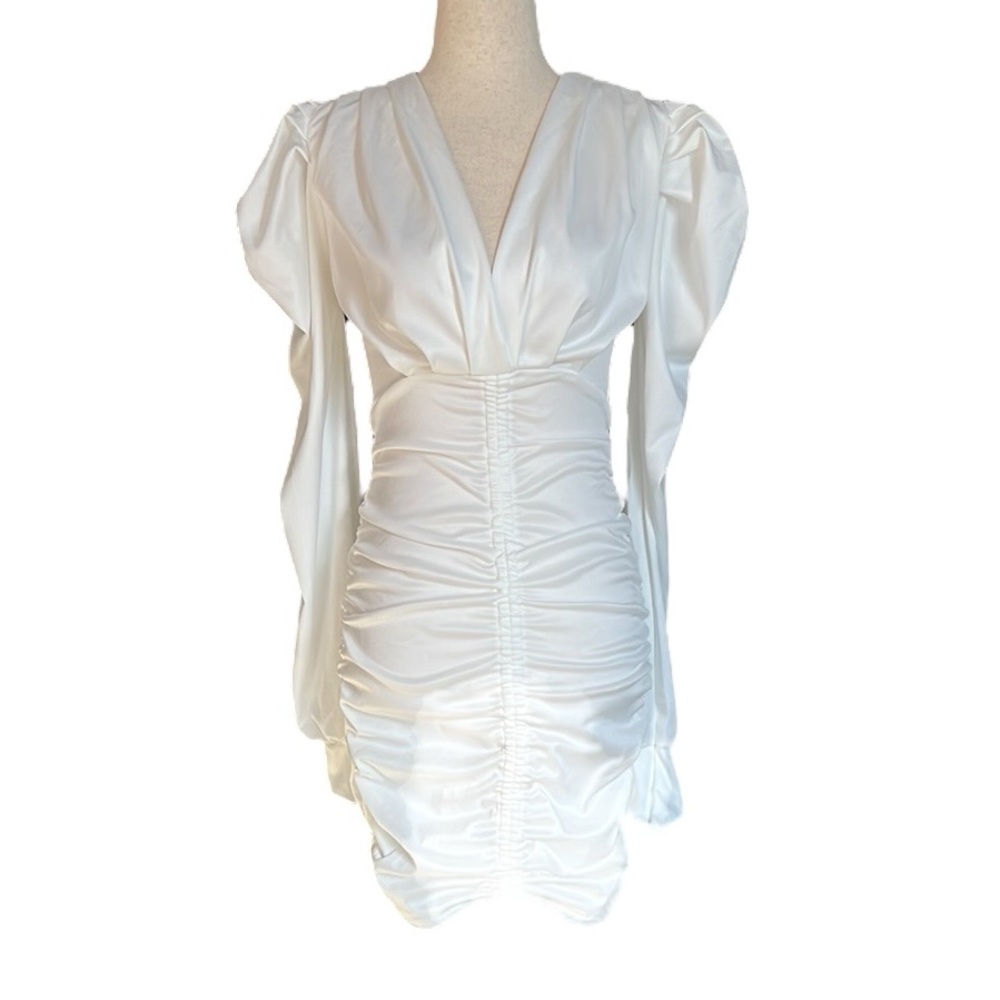 Ruched Short Mini Dress Long Sleeve Puff Sleeve Pleated Drawstring Dress - Picture 5 of 10